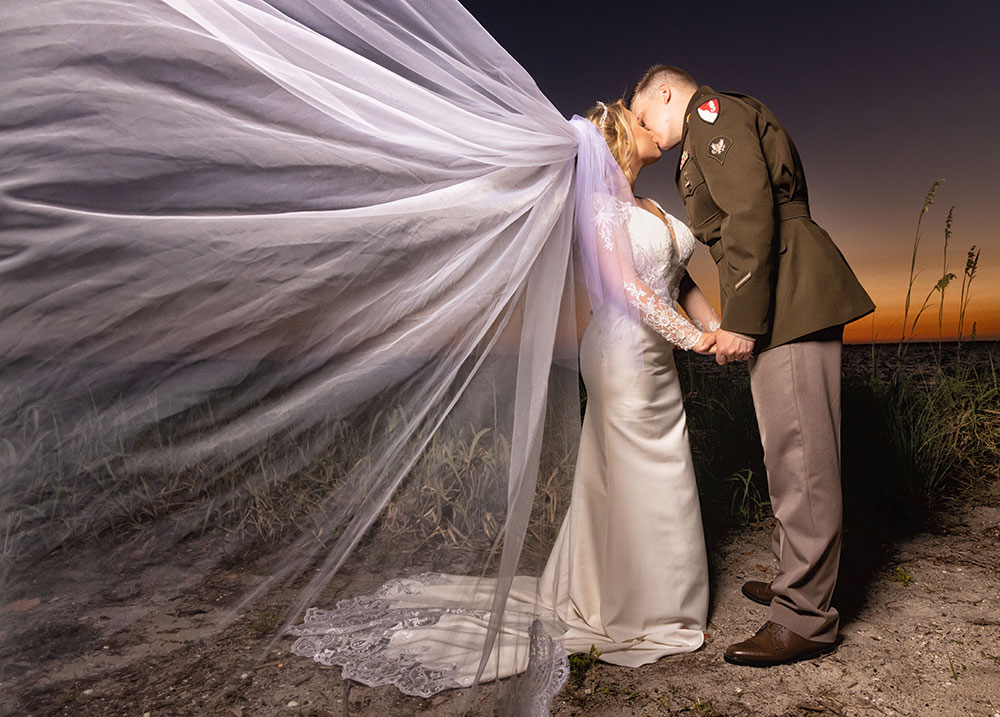 Military wedding couple photos at sunset in SW Florida